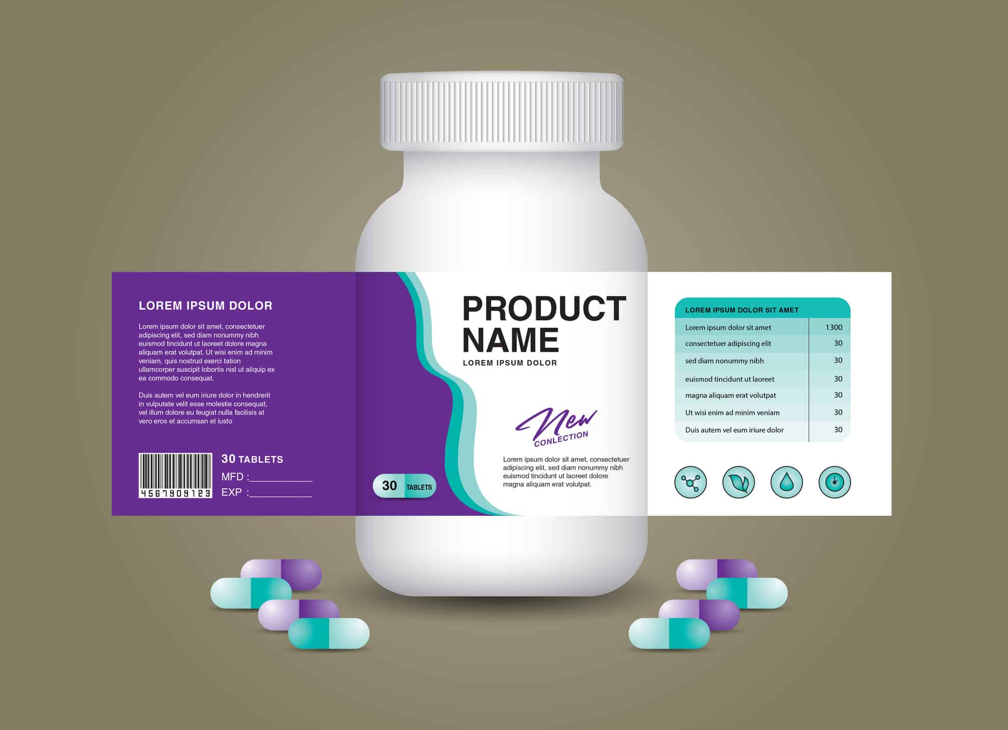 Pharmaceutical bottle with a clean, informative label